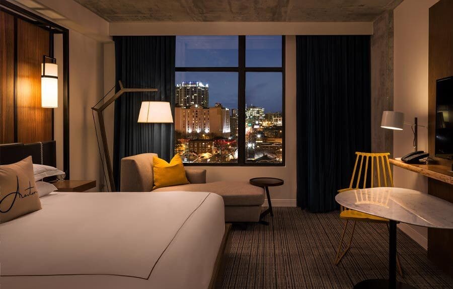 Kimpton Aertson Hotel Room at Night with View of Downtown Nashville, Tennessee