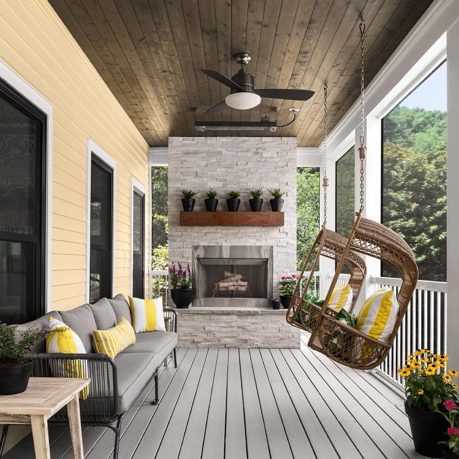 Stone fireplace in outdoor covered patio, Nashville, Tennessee.