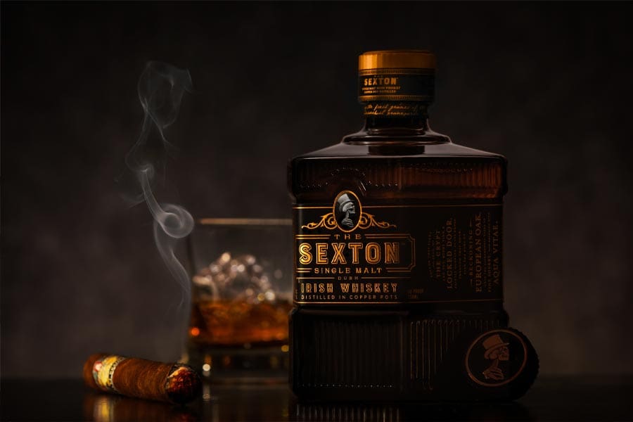 Sexton Irish Whiskey Single Malt with Cigar and Glass - Whiskey Photography