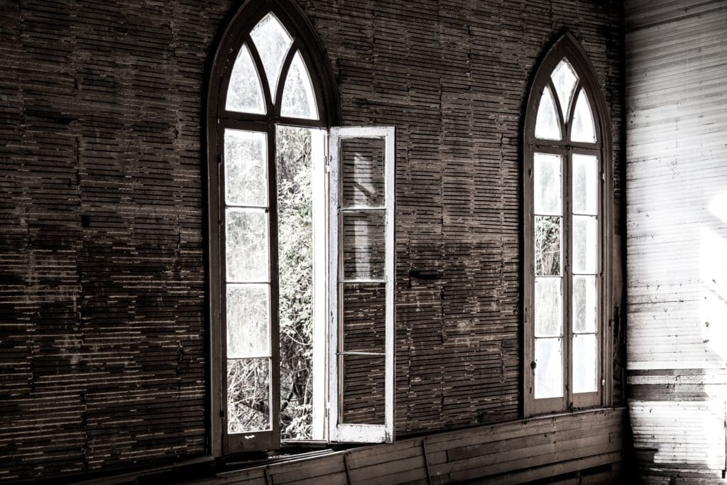 Haunted Ghost town of Rodney, Mississippi - First Baptist Church Interior Windows