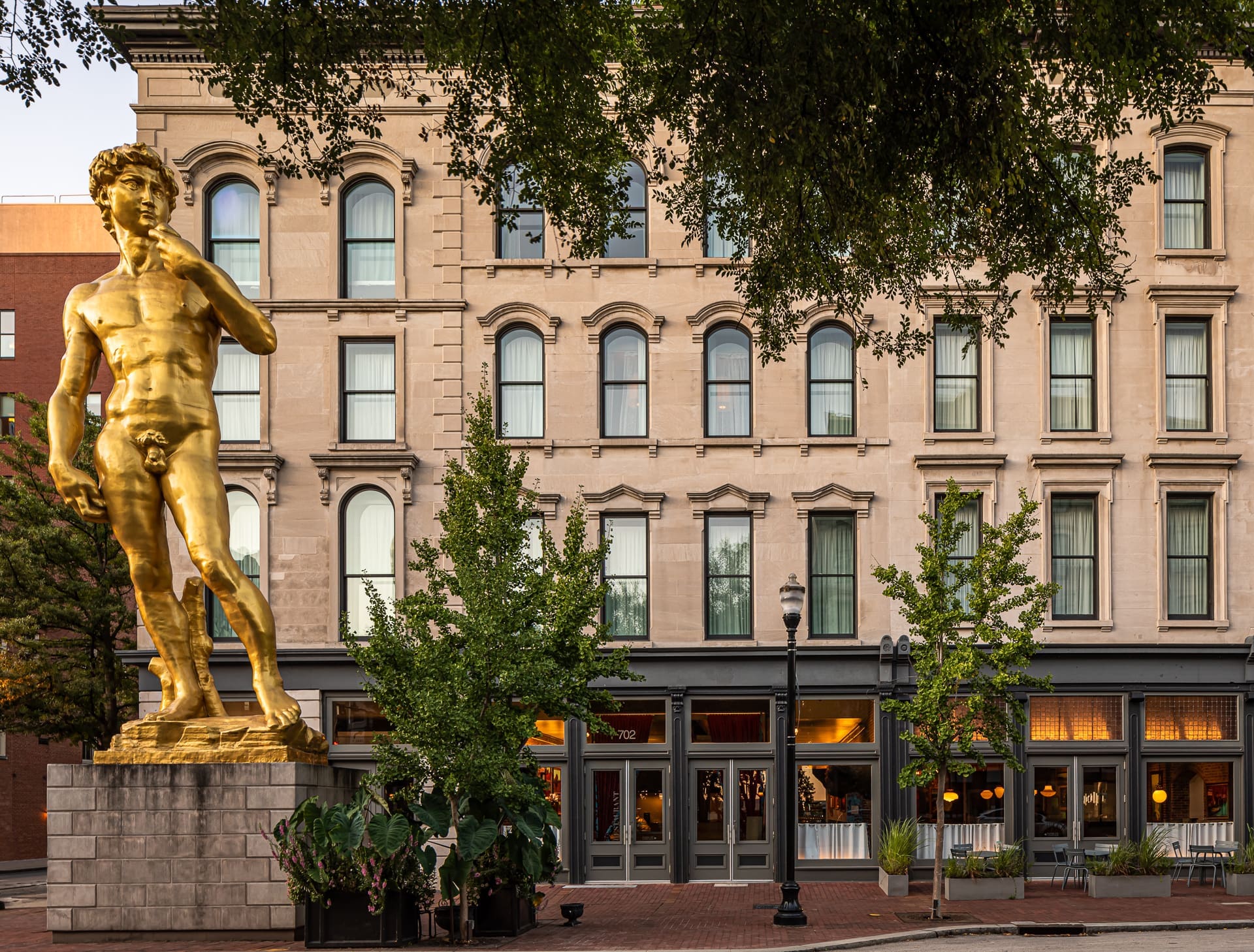 21c Hotel in Louisville, Kentucky. Museum Hotel Statue of David Exterior Architectural Photograph.
