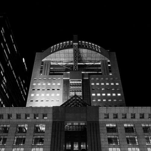 Humana Tower in Louisville, Kentucky. Architectural photo taken in black and white at night.