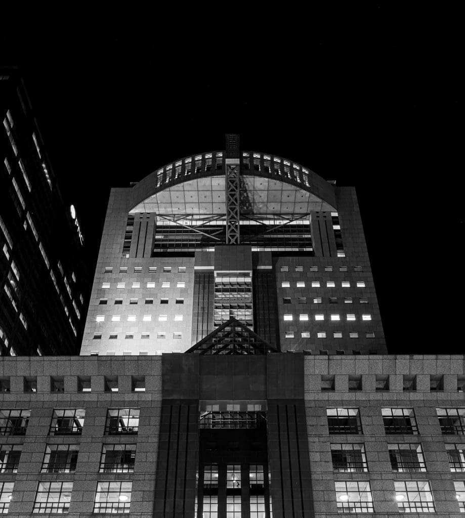 Humana Tower in Louisville, Kentucky. Architectural photo taken in black and white at night.