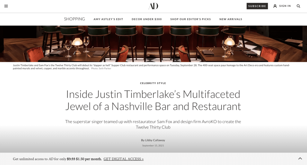 Inside Justin Timberlake's Twelve Thirty Club in Nashville Tennessee.