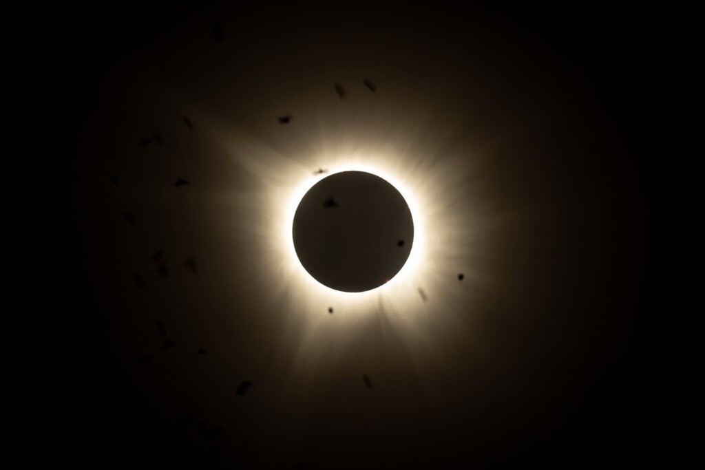 The moon silhouetted against the sun during totality, with the sun's white corona radiating outward and dark spots visible across the darkened sky.